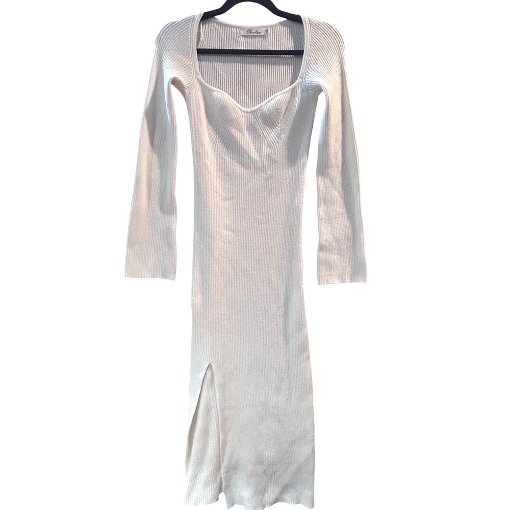 Prinbara Womens White Ribbed Knit Sweetheart Neck Side Slit Midi Sweater Dress S